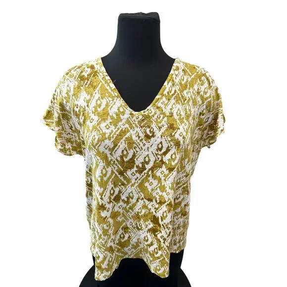 PENDLETON | Yellow Ikat Petite Linen V-Neck Top Boho Summer | Large - Picture 3 of 8